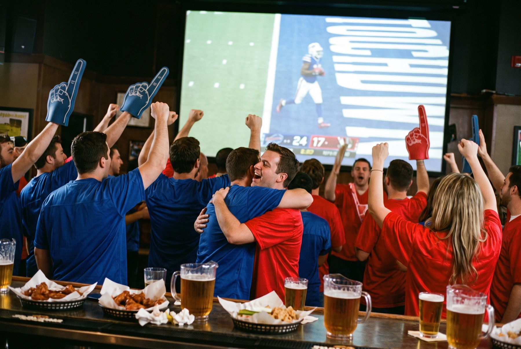 Fans in blue and red cheer a touchdown over wings and pitchers