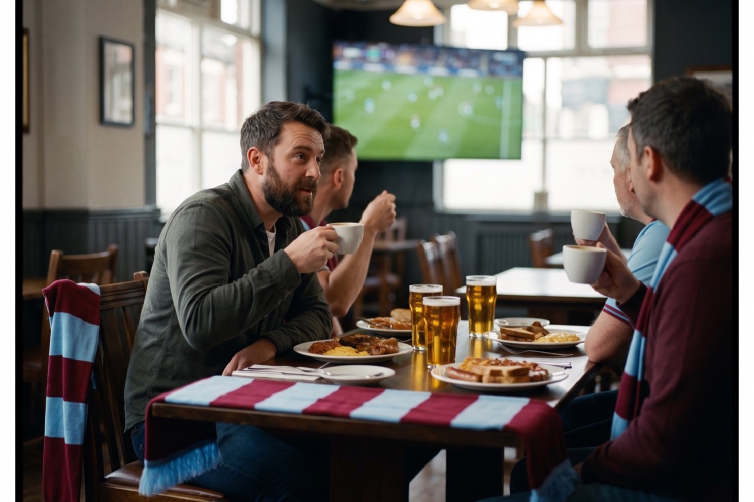 Early morning supporters with breakfast and pints watch an early kickoff